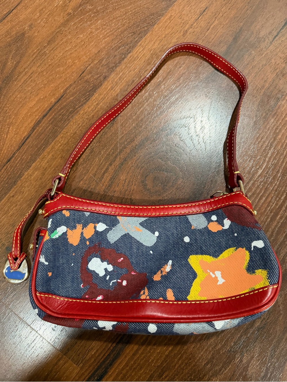 Dooney & Bourke Vintage Denim Paint Splatter Mini
Shoulder Bag Red Leather Trim